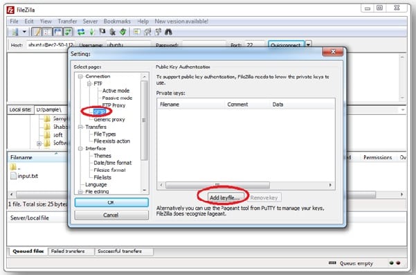 Clicking on SFTP and selecting the option - Add Key file