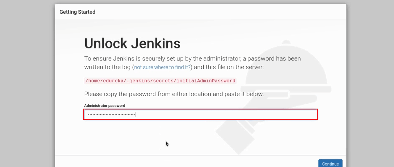 Paste One Time Password - Install Jenkins - Edureka