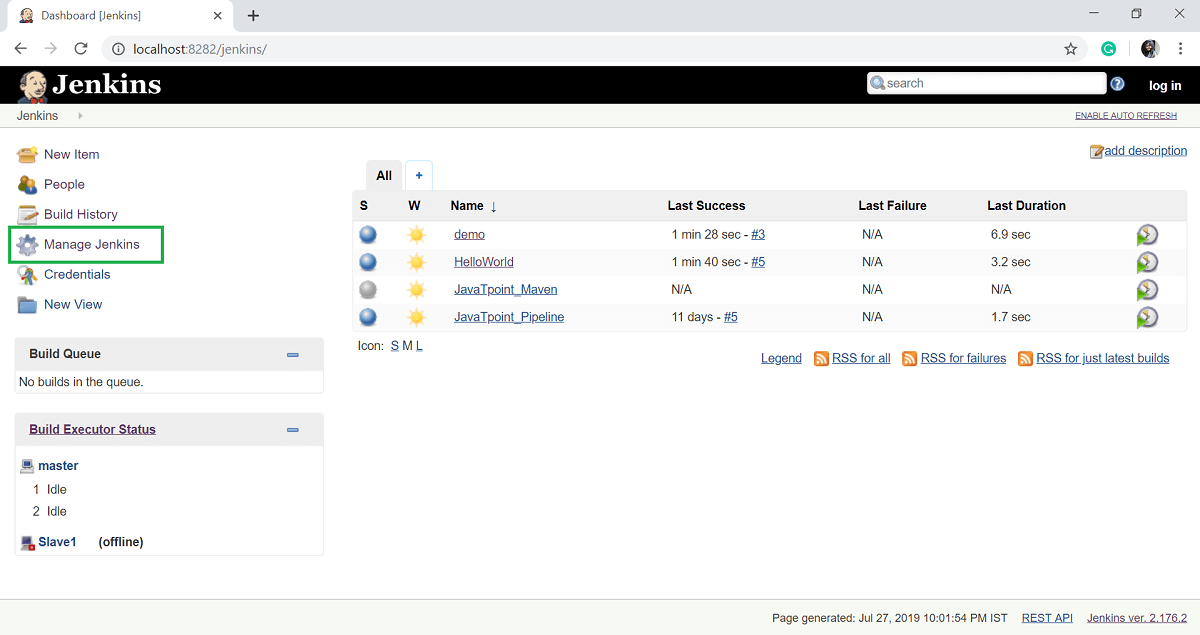 manage jenkins page dashboard 