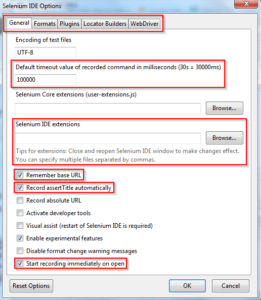 options tab - selenium ide