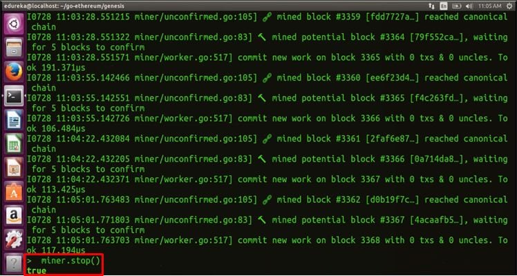 miner.stop() - Blockchain Tutorial -Edureka