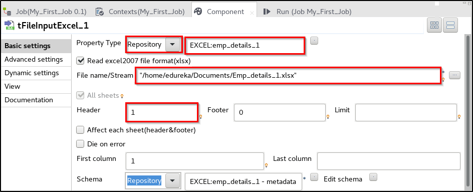 Excel input details - Talend Tutorial - Edureka