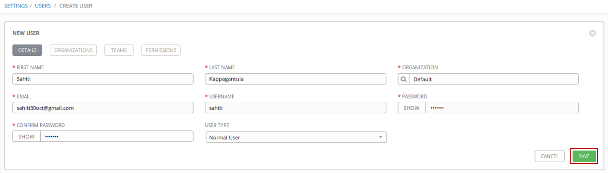 Snapshot Of Creating A User - Ansible Tower - Edureka