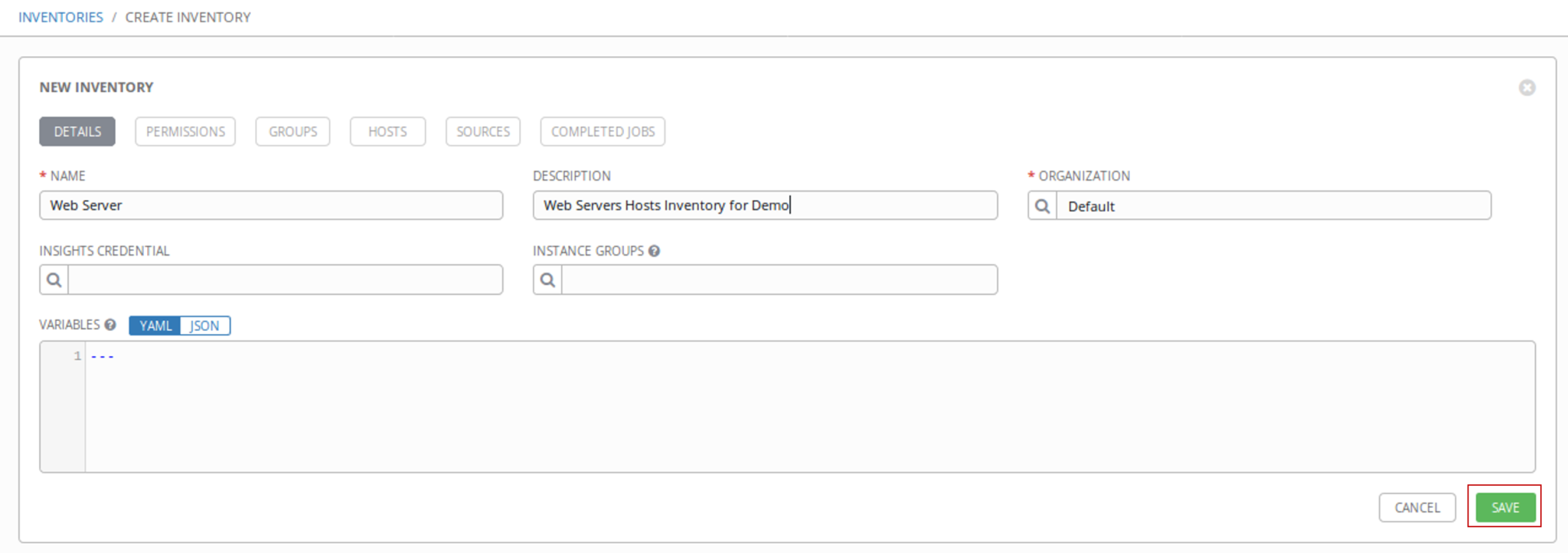 Snapshot Of Creating An Inventory - Ansible Tower - Edureka