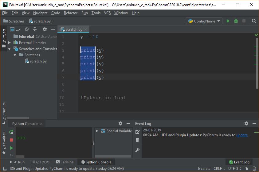 Column Selection - Pycharm Tutorial - Edureka