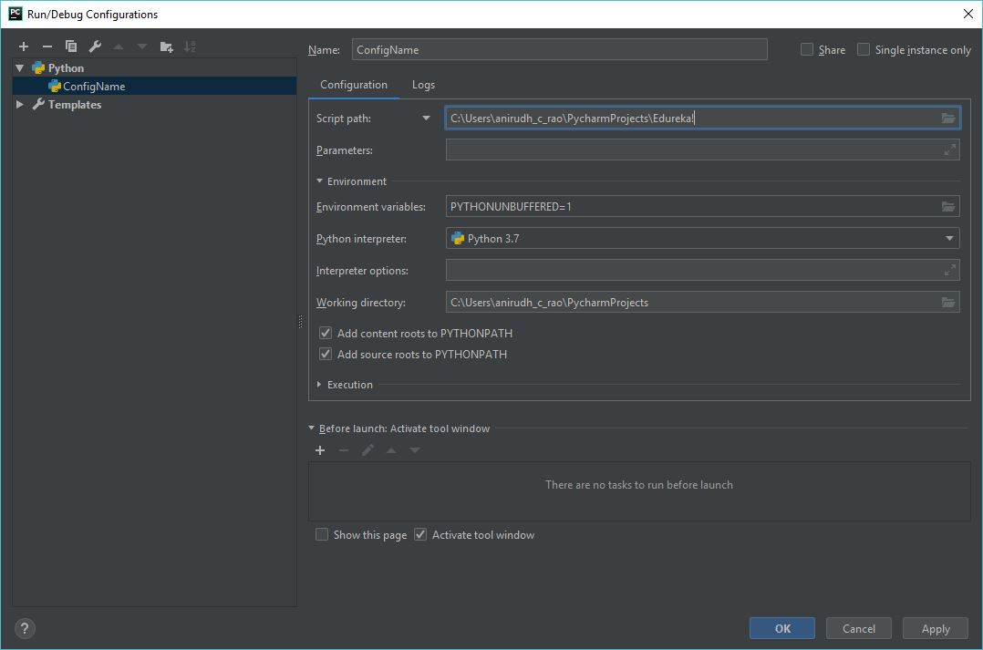 Adding configuration - Pycharm tutorial - Edureka