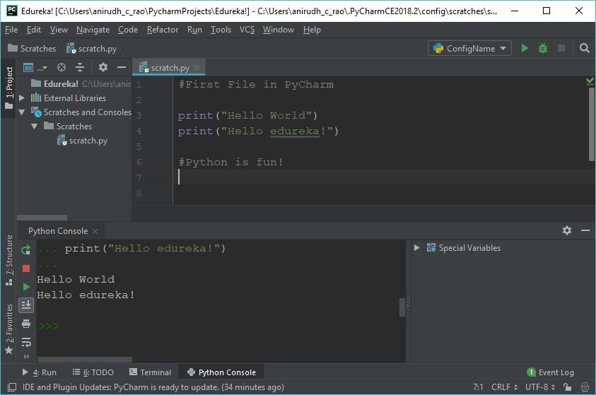 Hello World - Pycharm tutorial - Edureka