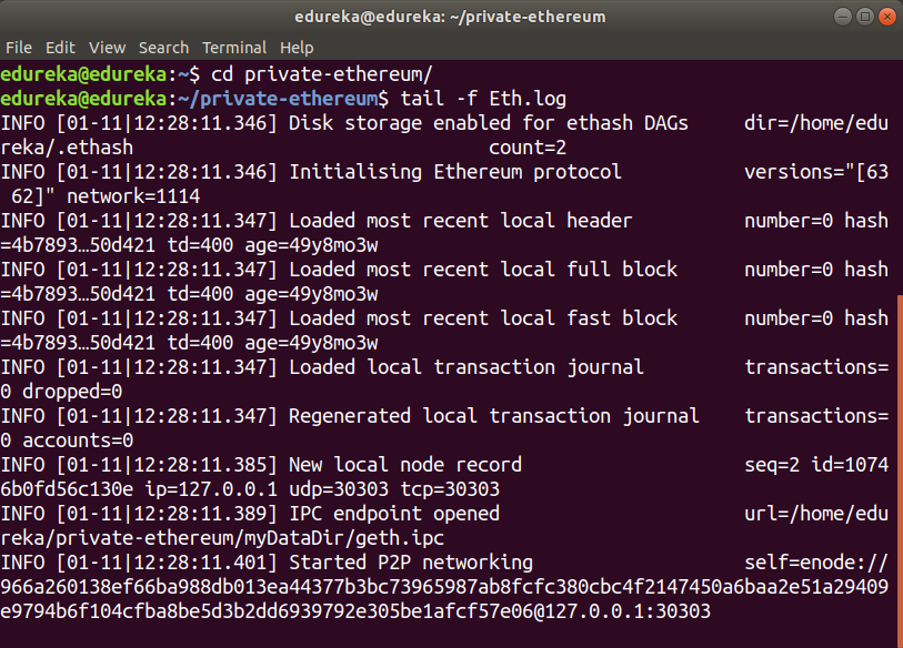 Reading logs - Ethereum Private Network tutorial - Edureka