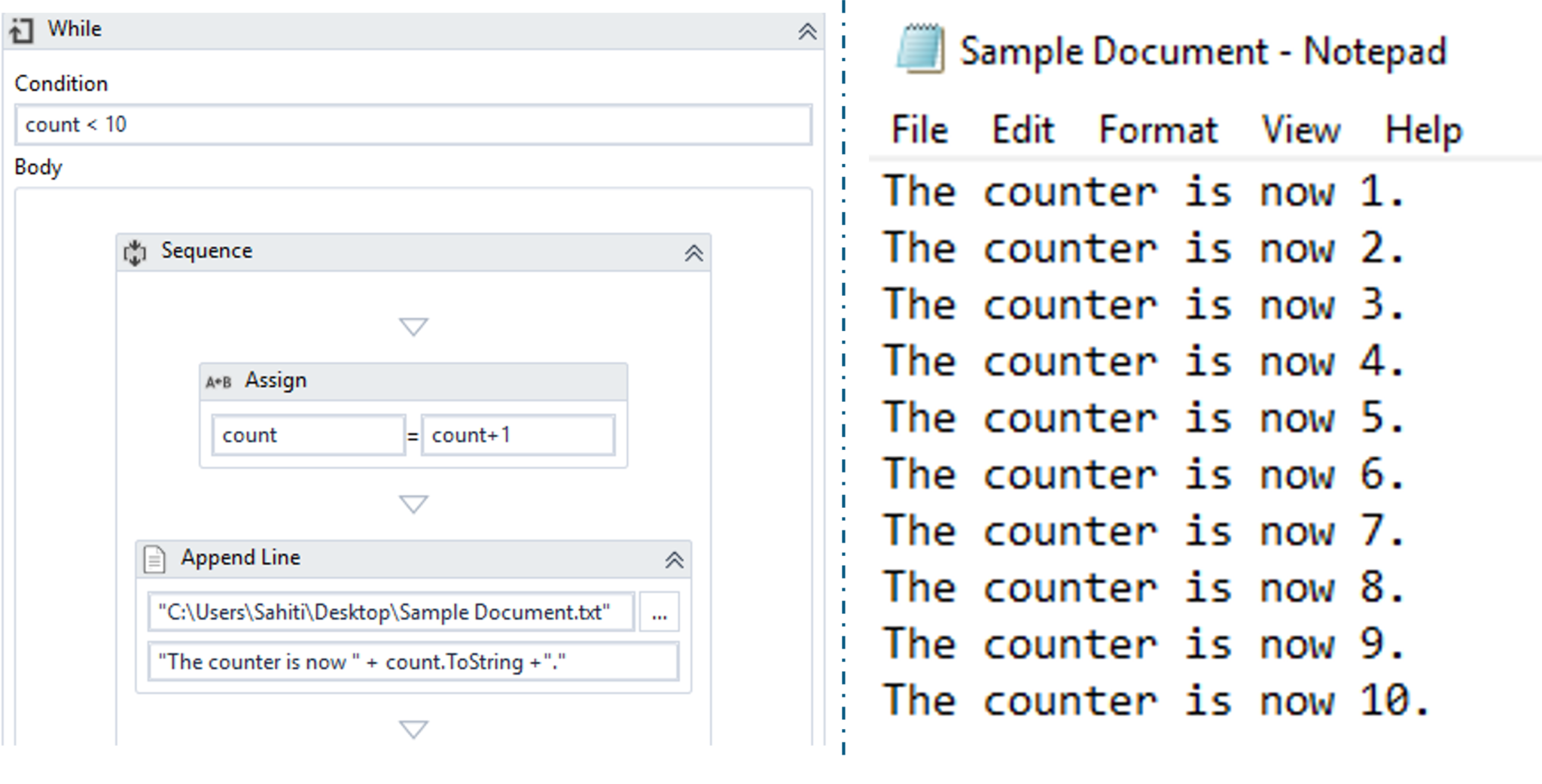 Final Flow of While Loop and Output - Variables,Data Types and Activities in UiPath - Edureka