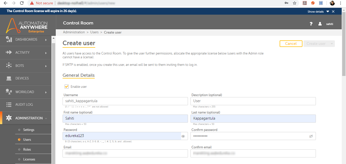 User Details - Automation Anywhere Control Room - Edureka