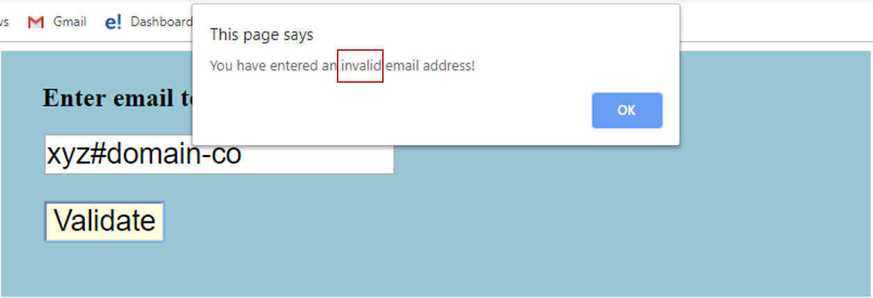 invalid email - email validation in javascript - edureka