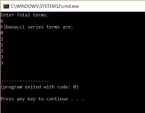 Output - Fibonacci Series in C - Edureka