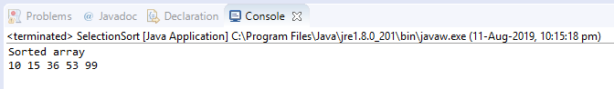 Output- Selection sort in Java- Edureka