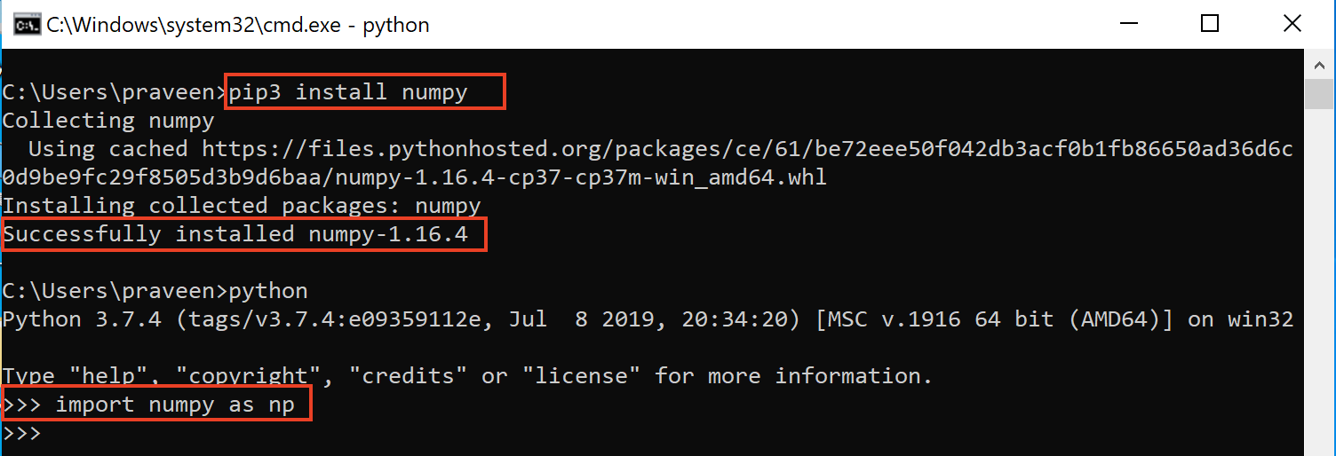Output- Numpy installation - Edureka