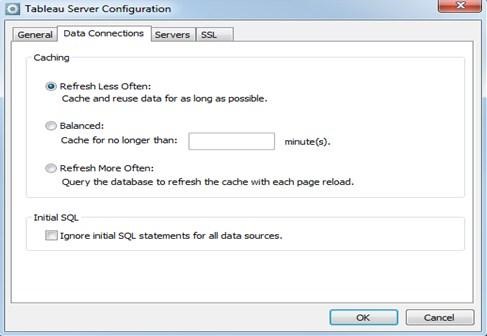 The Data Connection tab is used to configure aspects of cache and initial-SQL-statement usage that applies to complete data connections