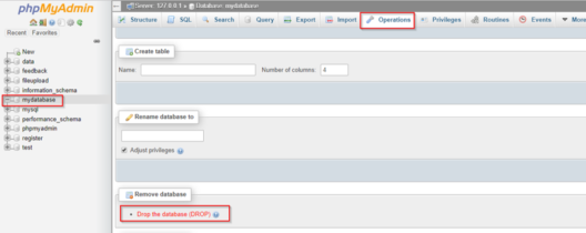 drop database -in phpMyAdmin