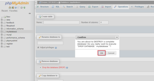 warning - database-in-phpMyAdmin