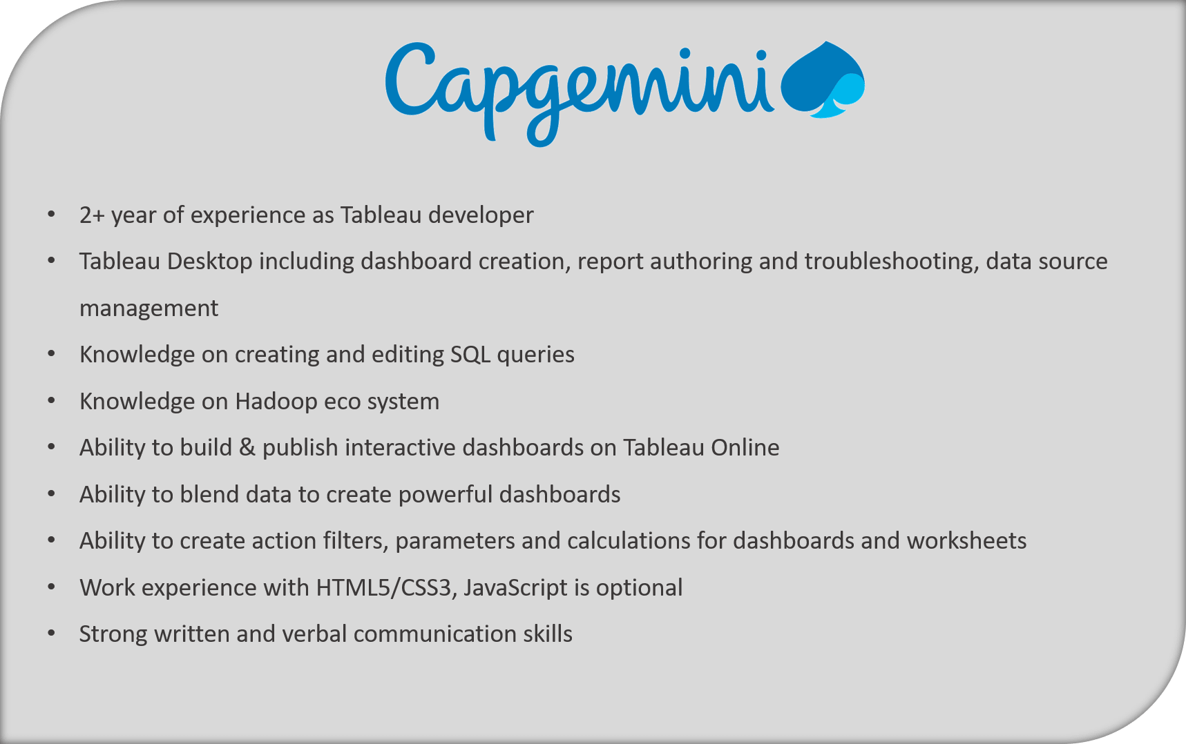 Capgemini job description - Tableau Developer Resume - Edureka