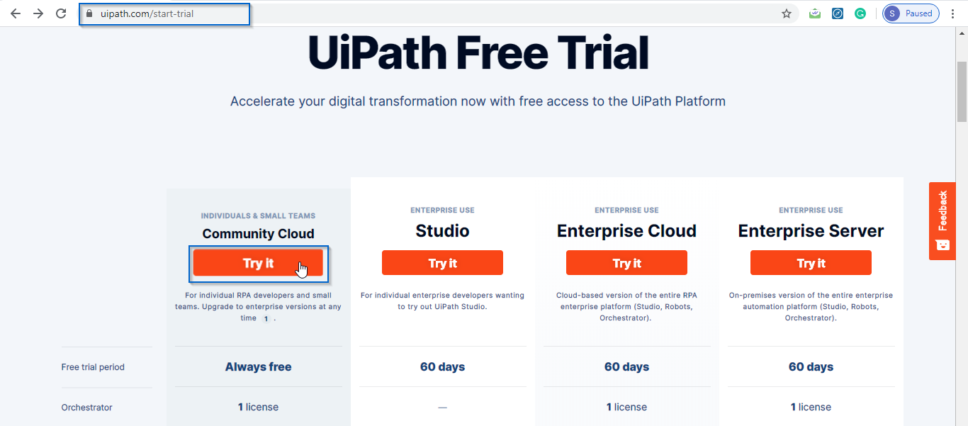 Start Trial - UiPath Installation - Edureka