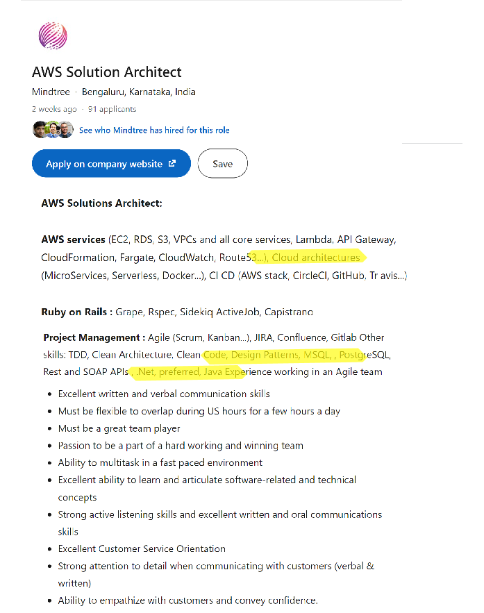 Job description AWS solution architect
