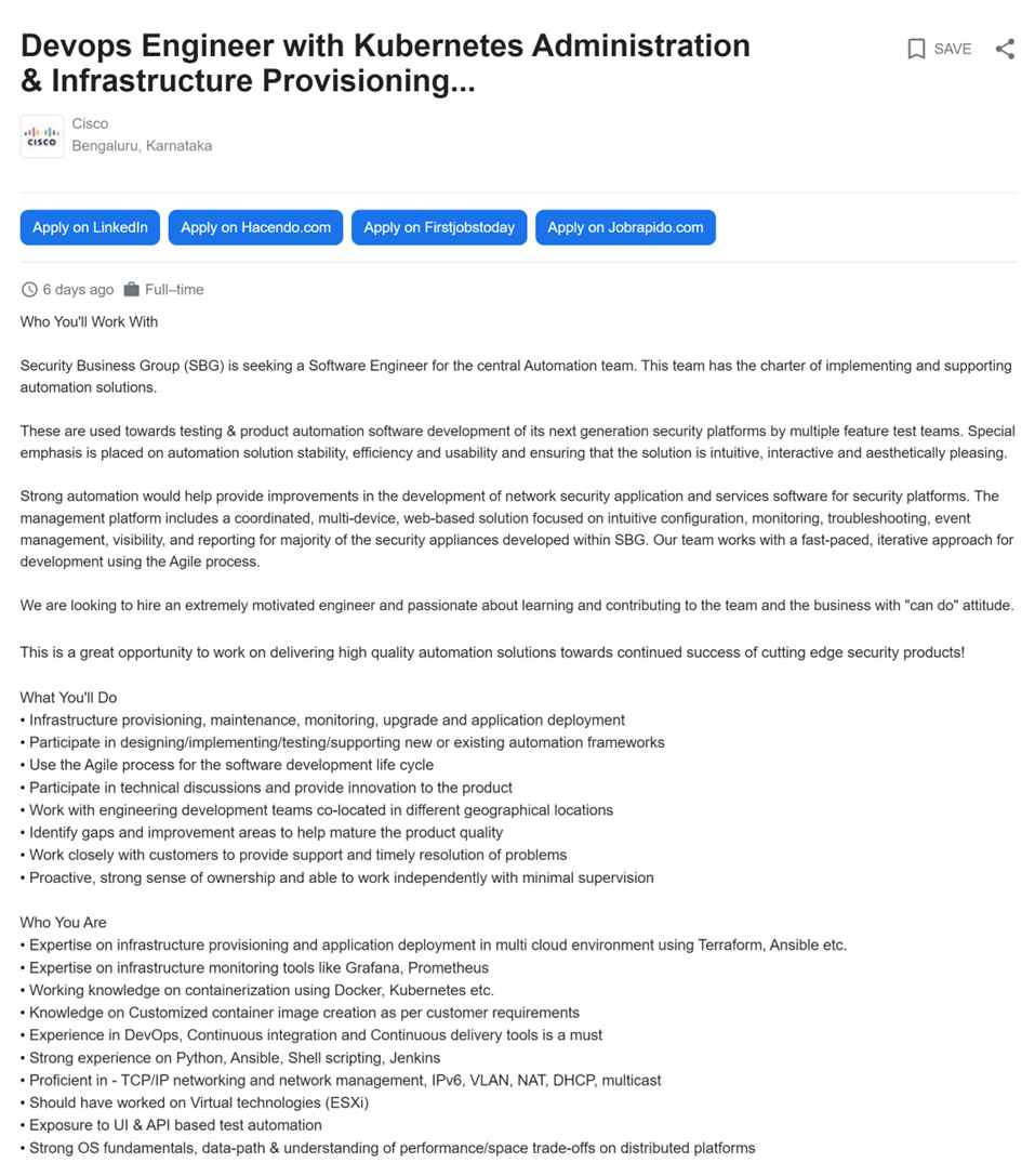 Devops engineer with kubernetes Job description 