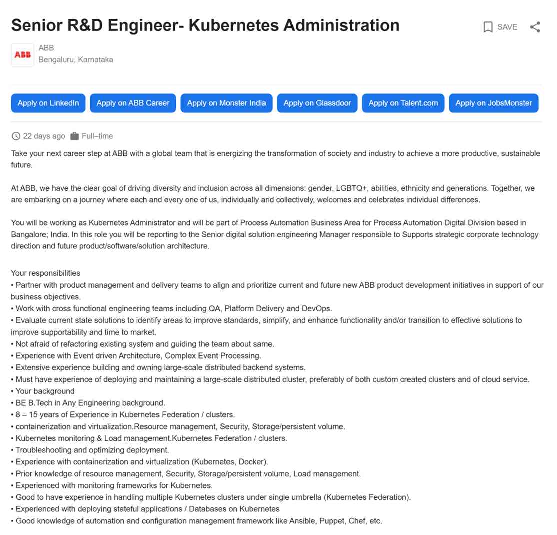 Seniop R and D kubernetes job description